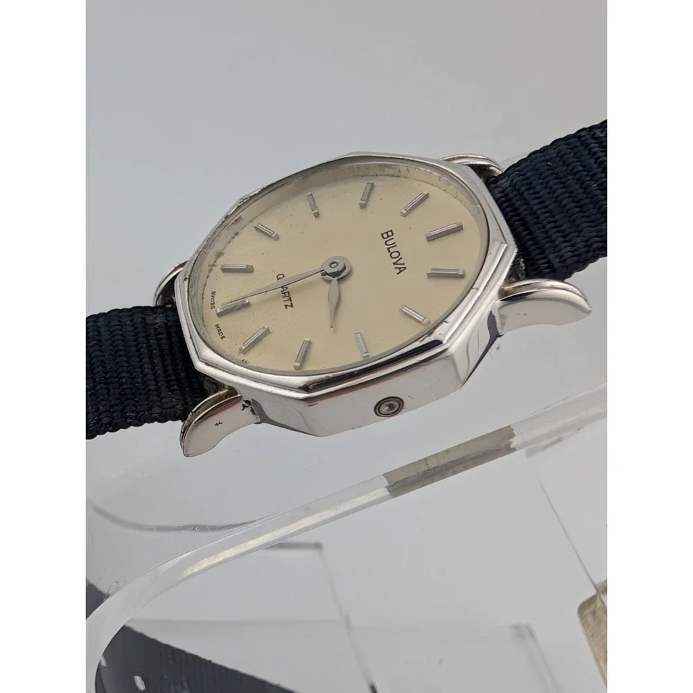 Rare Vintage Bulova Quartz Watch Women Silver 23mm Case Canvas Band- New Battery